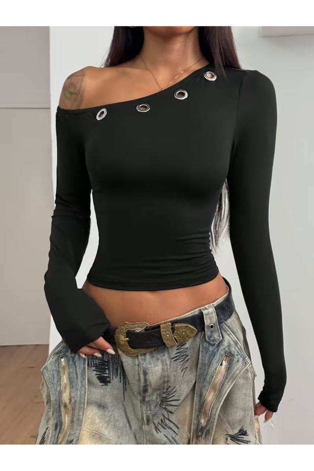 Women's Long Sleeve Boat Neck Ring Detail Slim Fit Bodysuit