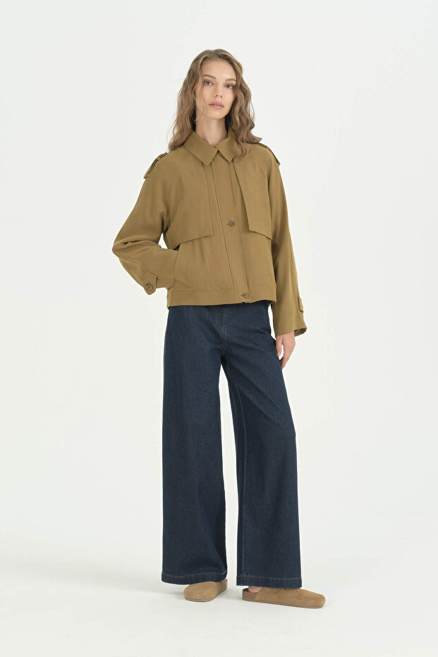 Pile Zipper Detailed Crop Jacket - Olive