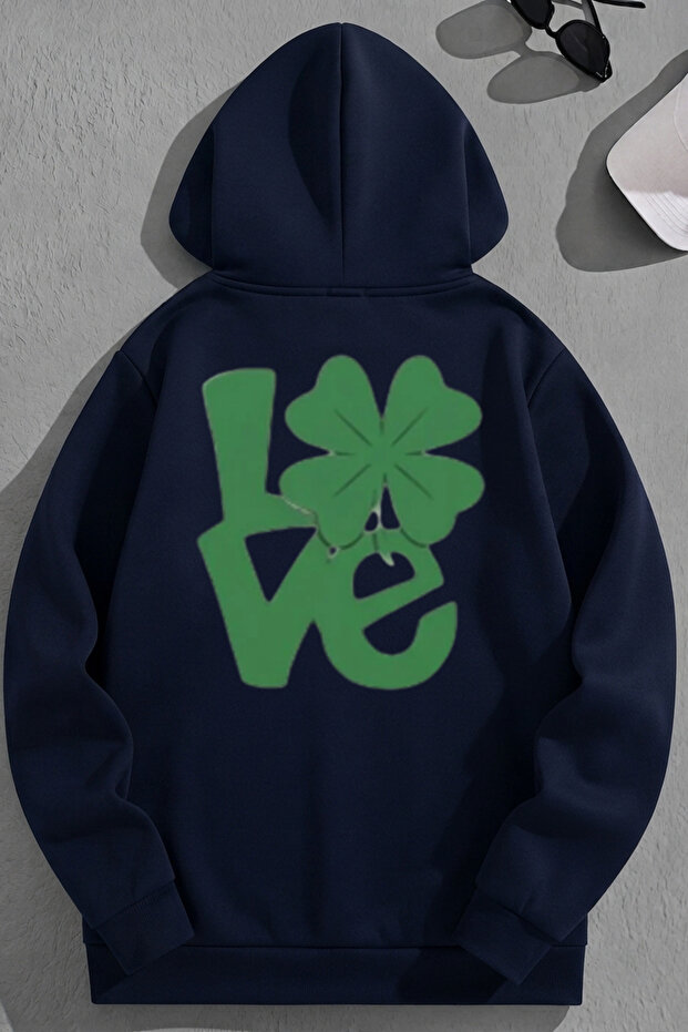 Unisex 3 Thread Cotton Navy Blue Clover Print Loose Fit Sweatshirt Hoodie