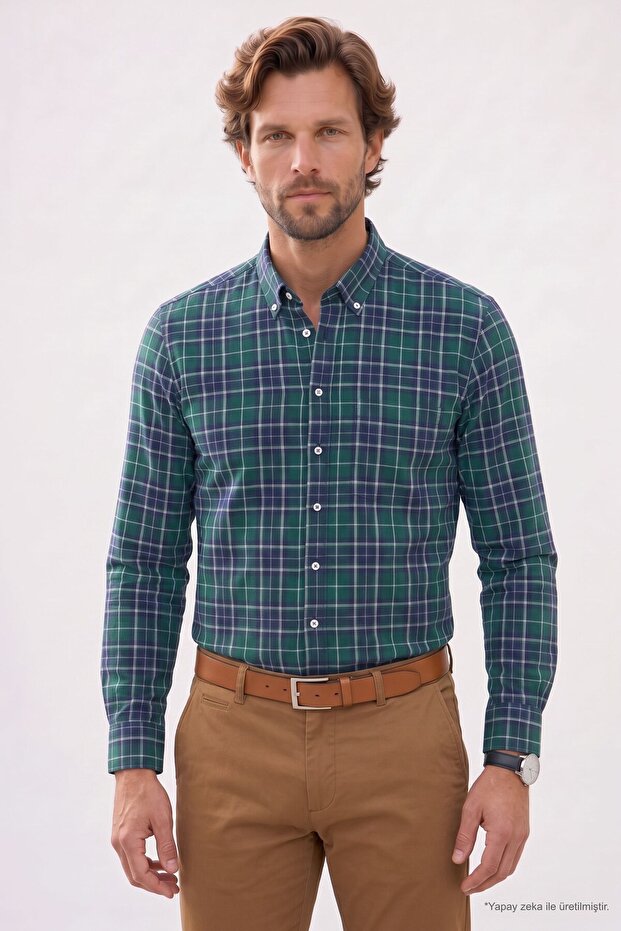 Men's Regular Fit Classic Cut Button Lapel Small Checkered Cotton Shirt