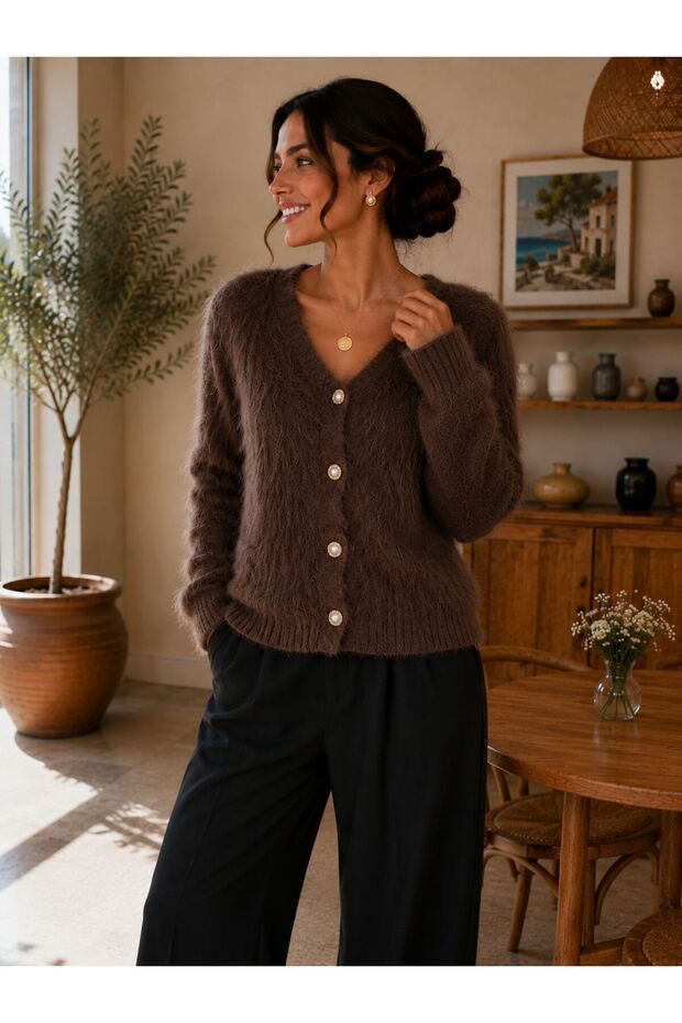 Women's Full Beardy Furry V-Neck 4-Button Stylish Knitwear Jacket Cardigan