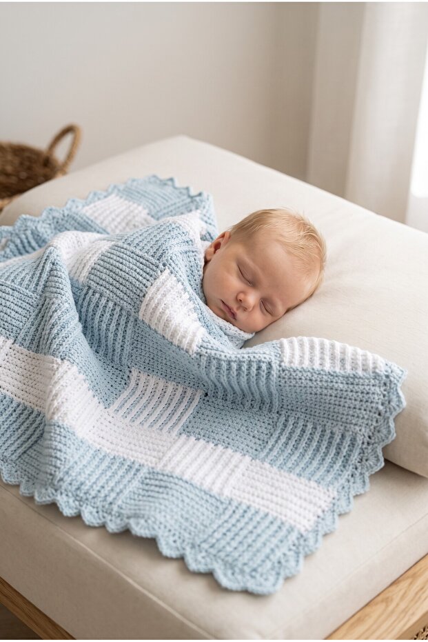 80X80 Cm, Hand-Knitted, Blue-White, Cotton Baby Blanket