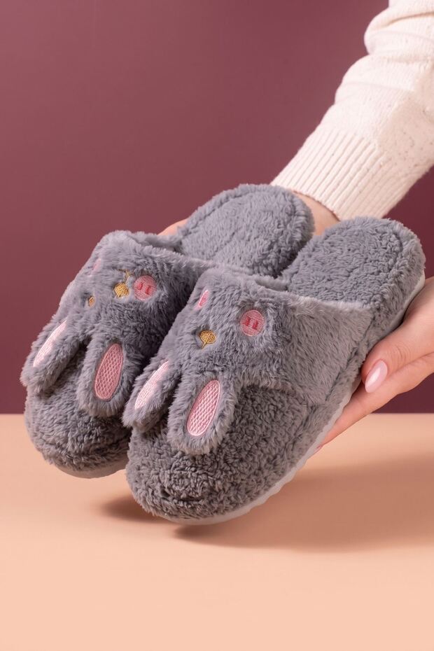Towy Gri Rabbit Scarf Detailed Plush Women's Winter House Slippers
