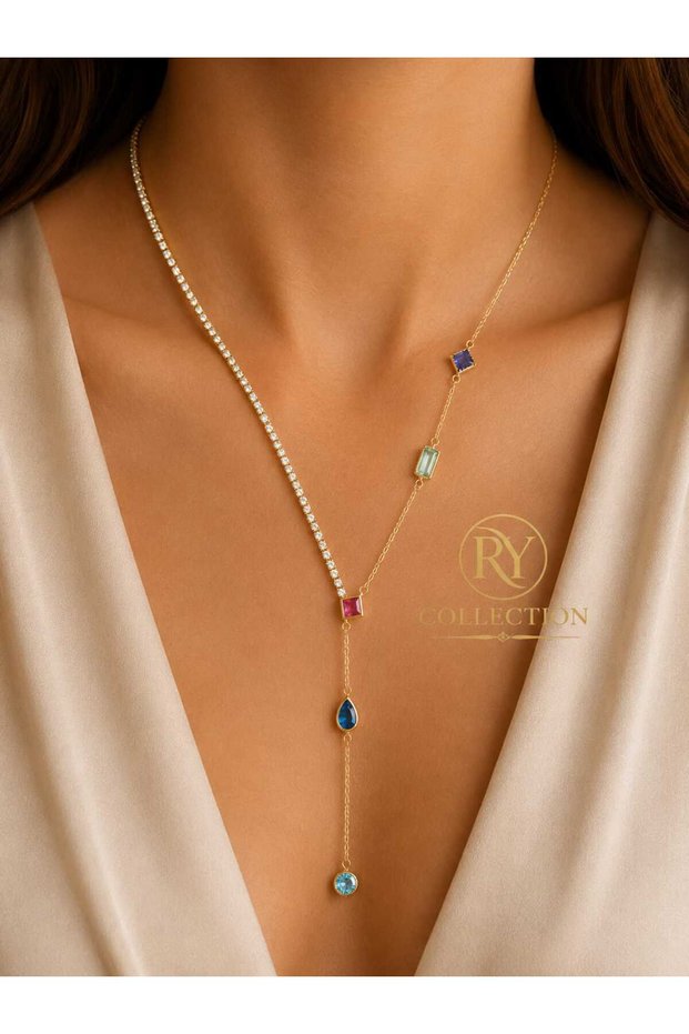 Steel One-Sided Waterway (Single Row of Stones) Asymmetrical Y Model Colorful Stone Necklace with Zircon Stones in Different Colors in the Pendant Part