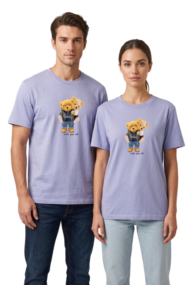 Lift You up Two Teddy Bears Printed Blue T-Shirt 100% Cotton Comfortable Fit
