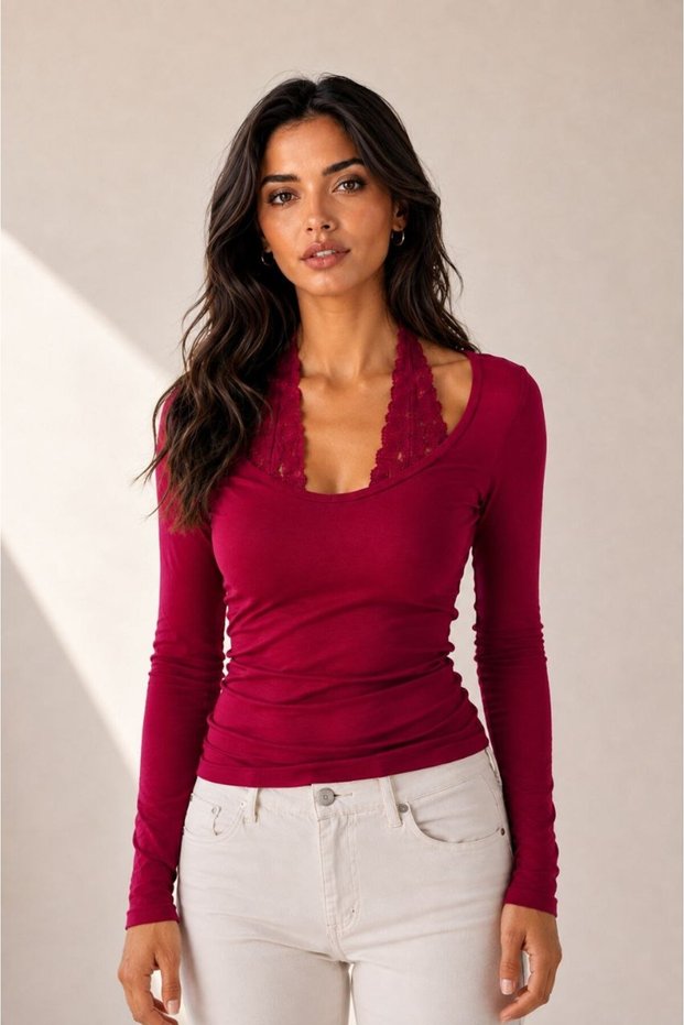 Women's Burgundy Lace Strap Detailed U-Neck Long Sleeve Blouse