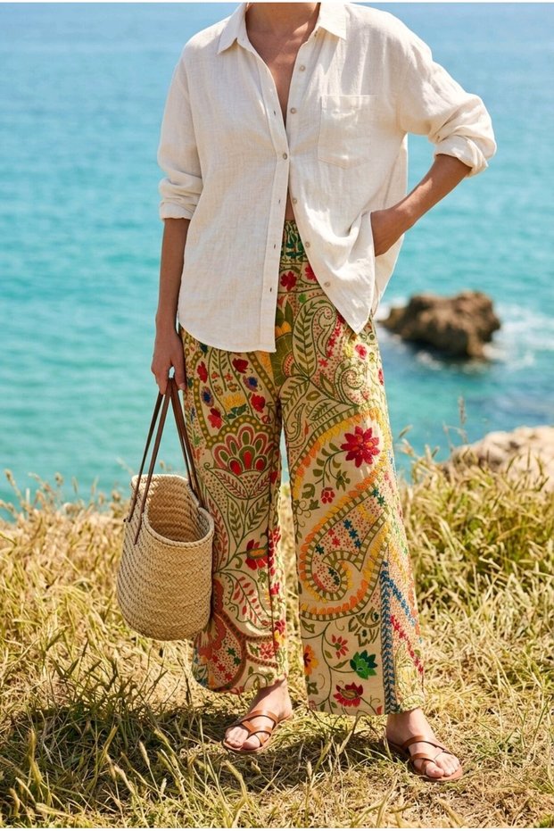 Women's Multi-Colored Ethnic Shawl Patterned Hand Embroidered Wide Leg Bohemian Trousers with Elastic Waist