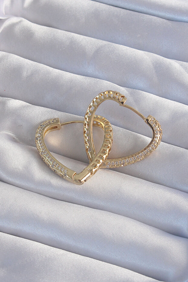 Brass Gold Color Zircon Stone Motif Heart Earrings -