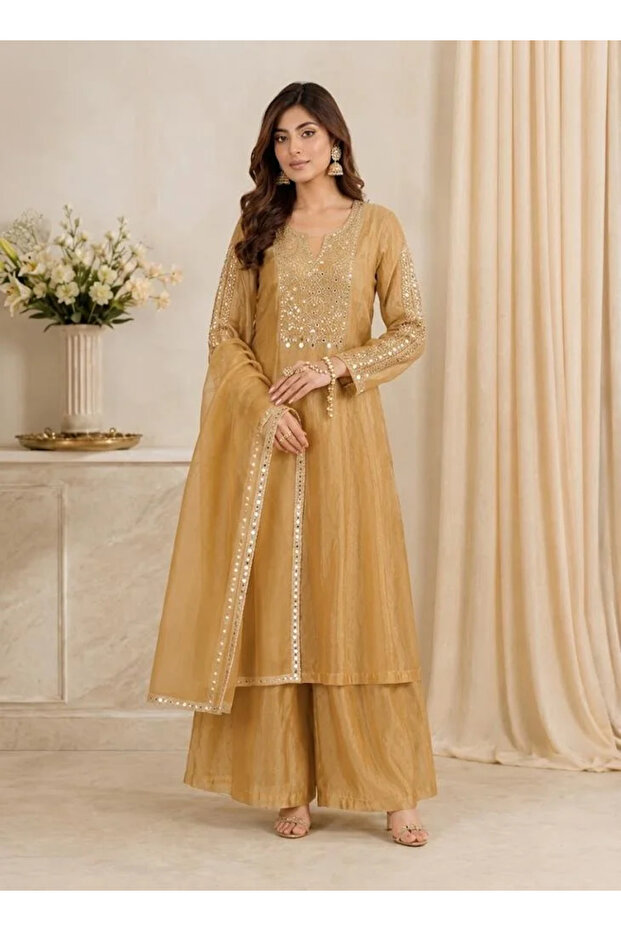 Ivory Mirror Work Embellished Suit Set – Women's Indian Ethnic Wear