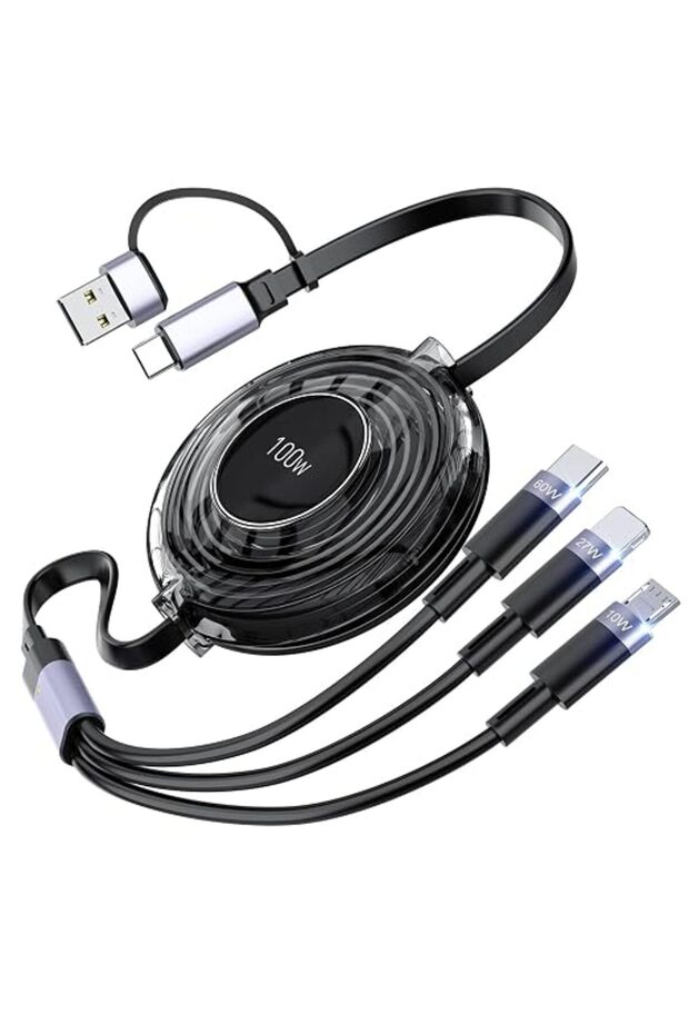 كابل شحن متعدد الاستخدامات قابل للسحب 3 في 1، شحن سريع 100 واط من USB-C/A إلى Lightning/USB-C/Micro USB
