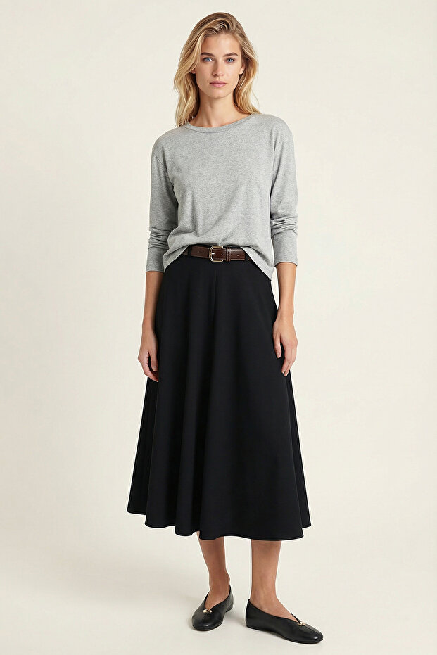 Belted Flared Long Woven Skirt Ldp0097 Dark Blue