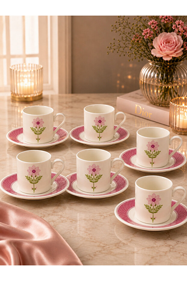 6-Person Porcelain Purple Daisy Patterned Coffee Cup Set 90ml