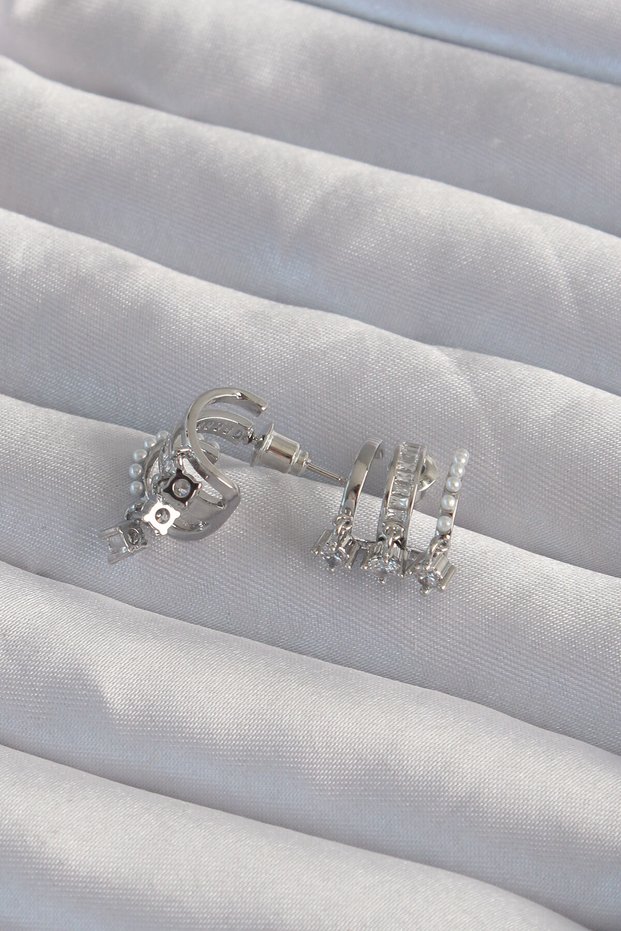Brass Silver Color Pearl Multiple Zircon Stone Half Hoop Earrings -