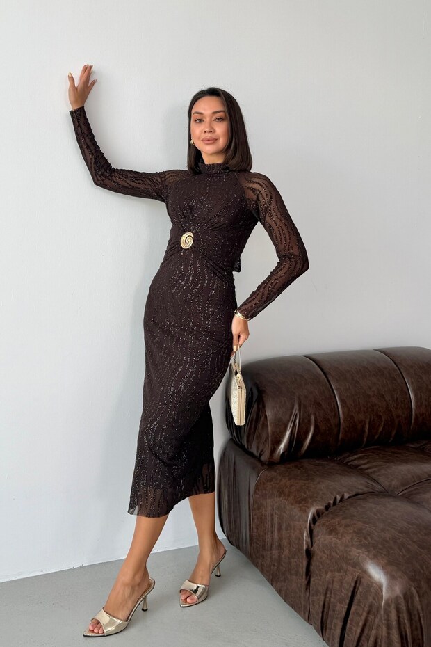 Brown Long Sleeve Sequin Embroidered Midi Dress with Accessory Detail