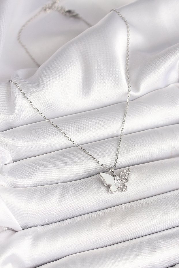 316L Steel Silver Color Chain with Zircon Stone and White Enamel Butterfly Model Women's Necklace -