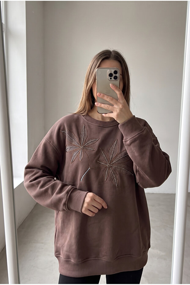 Brown Leaf Pattern Bead Embroidered 100% Cotton Sweatshirt