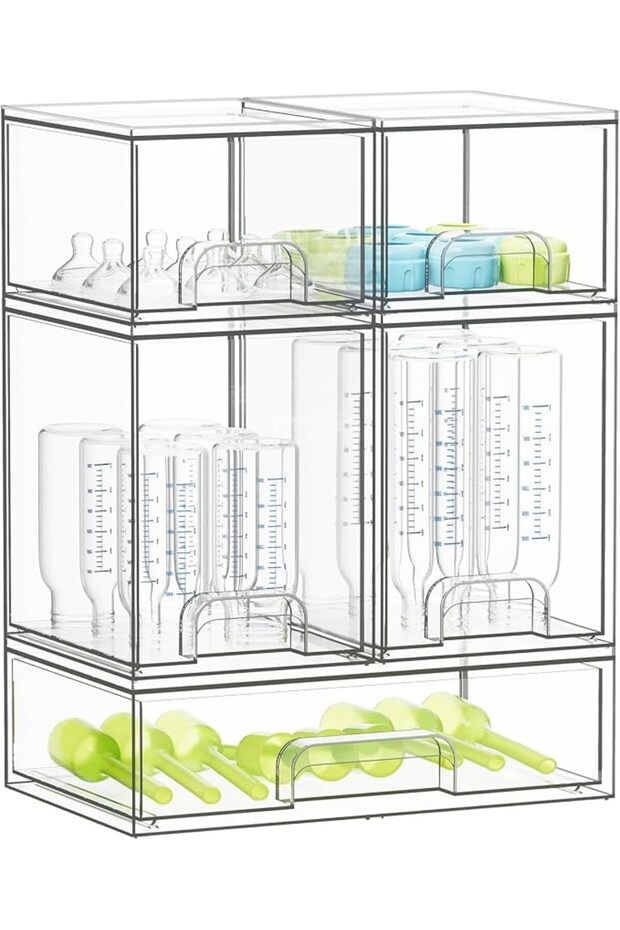 منظم تخزين زجاجات الأطفال، حاوية تنظيم زجاجات أكريليك، أدراج شفافة قابلة للتكديس