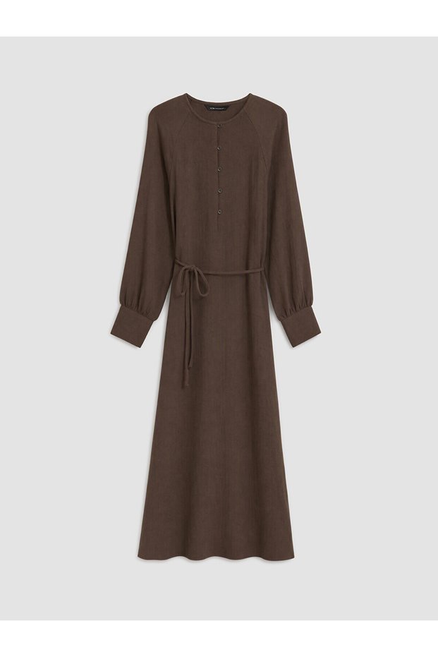 Alita City Lcw Modest Brown Muslin Plain Loose & Loose-Fitting Oval Neck Long Dress