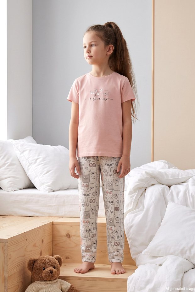 Patterned Girls' Single Jersey Cotton Pajama Set 260285