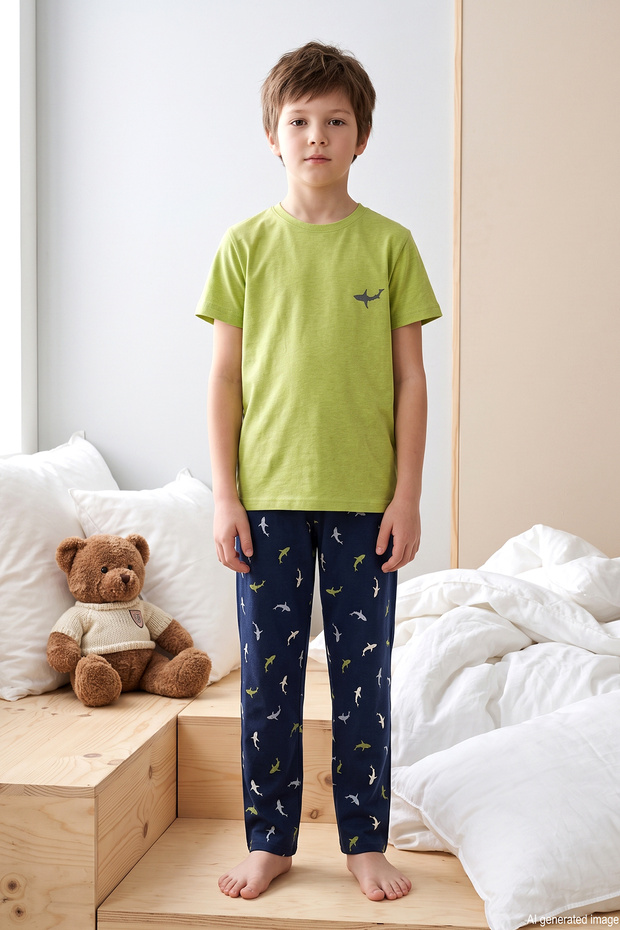 Patterned Boys' Single Jersey Cotton Pajama Set 260382 Pistachio Green