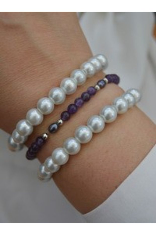 Amethyst Black Pearl and Stone Bracelet Set - Multi-Colored