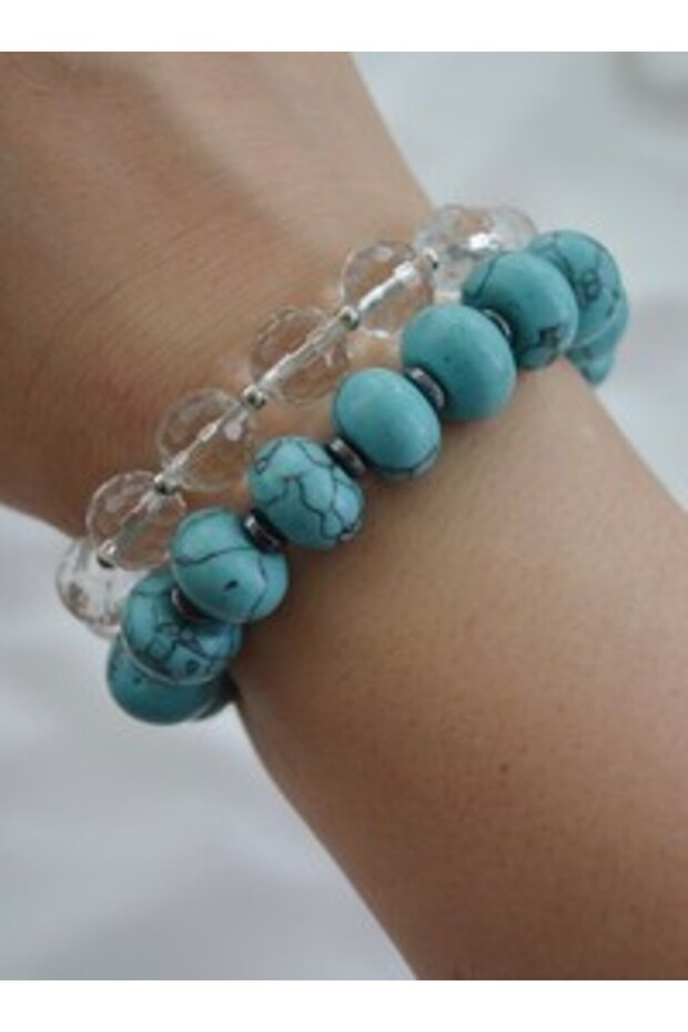 Turquoise and Crystal Quartz Double Bracelet - Multicolor -