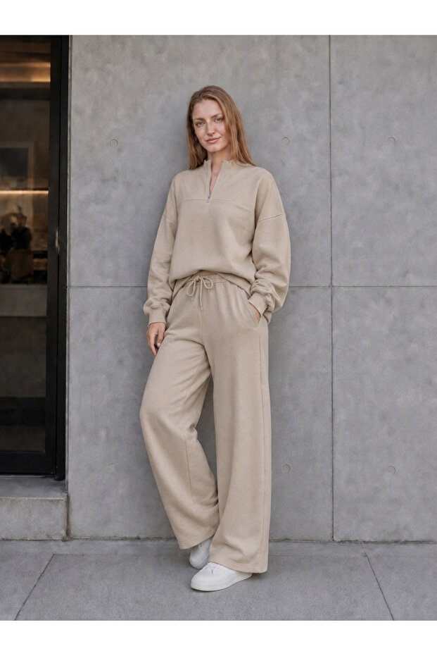 Women's 3 Thread Compact Half-Zip Sweatshirt & Palazzo Sweatpants Set