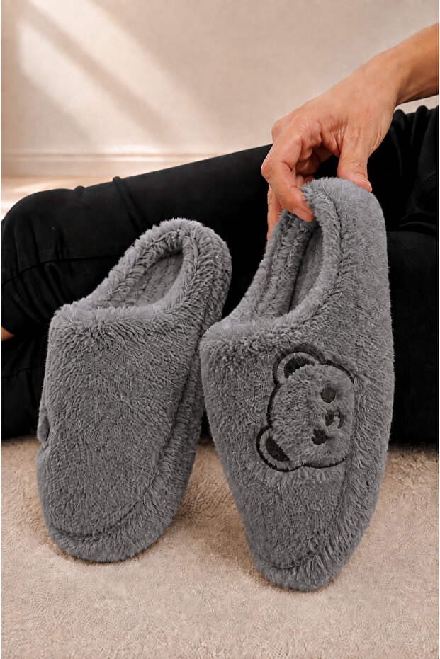 Teddy Bear Patterned Women's House Slippers Winter Woolen Dowry and Bundle Slippers Do Not Make Noise Thick Sole
