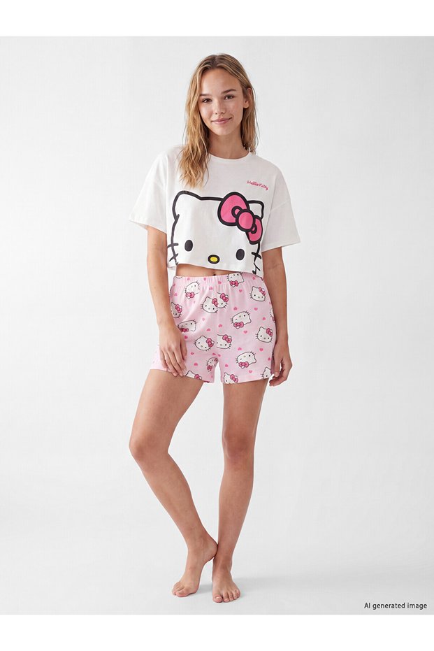 Two Mt Shop Quality Lcw Young Pink Combed Cotton Printed Short Sleeve Women's Shorts Pajama Set