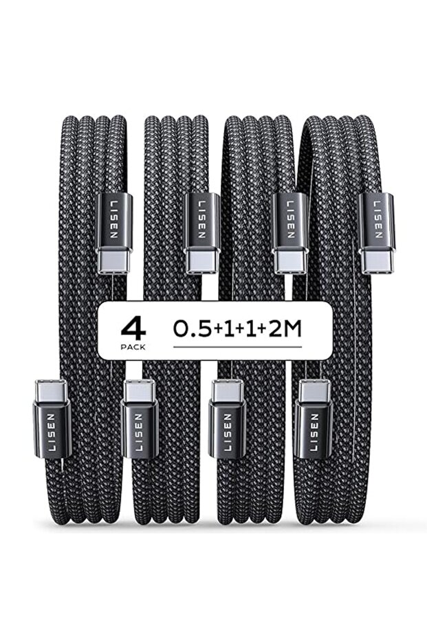 كابل LISEN USB C إلى USB C، عبوة من 4 قطع [0.5 متر، 1 متر، 1 متر، 2 متر] لشاحن آيفون 17، كابل C إلى C بقوة 60 واط
