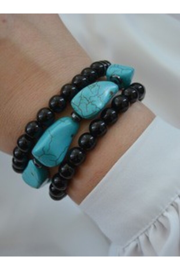 Turquoise Hematite and Onyx Stone Bracelet Set - Multicolor