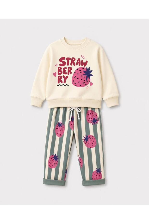 Girl's Strawberry Printed Striped Top and Bottom Set