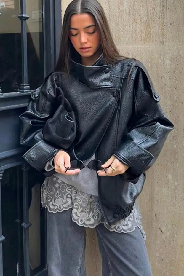 High Collar Asymmetrical Model Lined Textured Leather Jacket