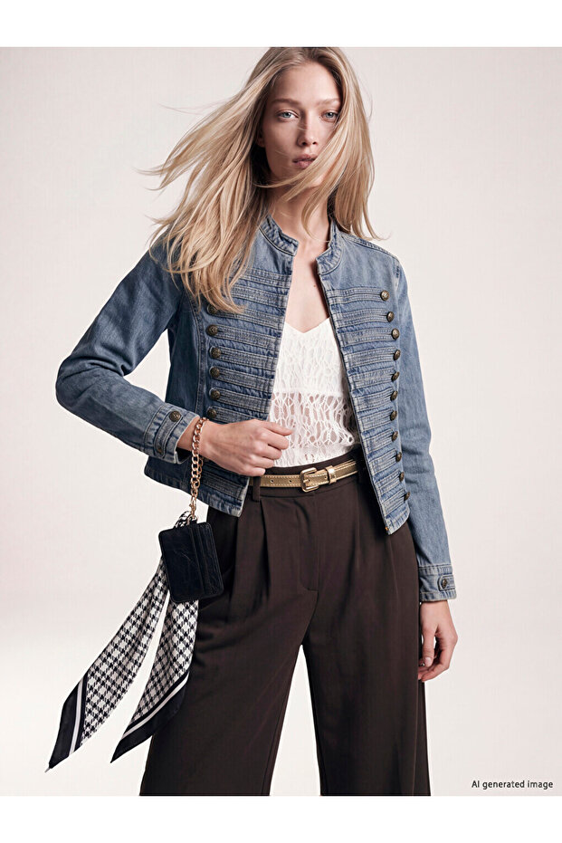 Women's Jean Jacket with High Collar and Decorative Buttons