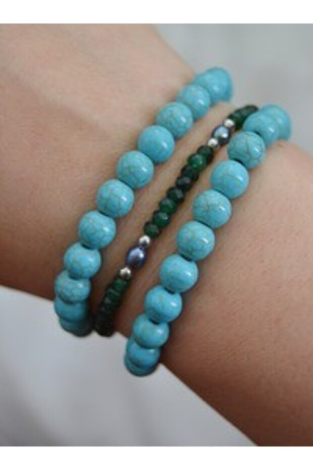 Jade Pearl and Turquoise Stone Bracelet Set - Multicolor