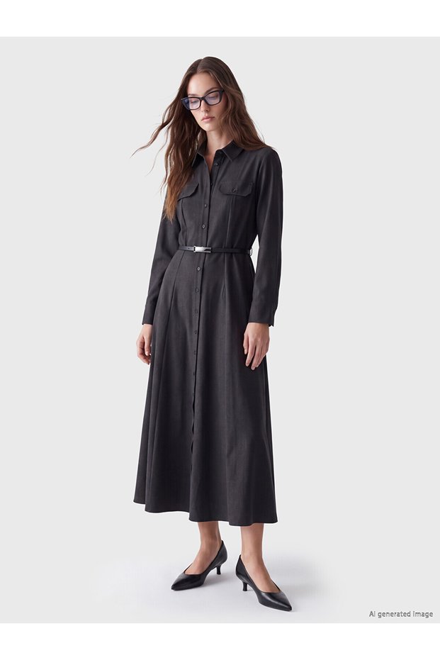 Two Mt Shop Quality Lcw Modest Gray Plain Standard & Regular Shirt Collar Long Dress