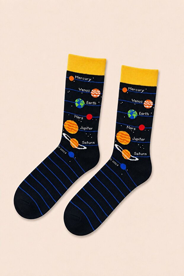 Solar System Planet Patterned Socks – Space Themed Black Unisex