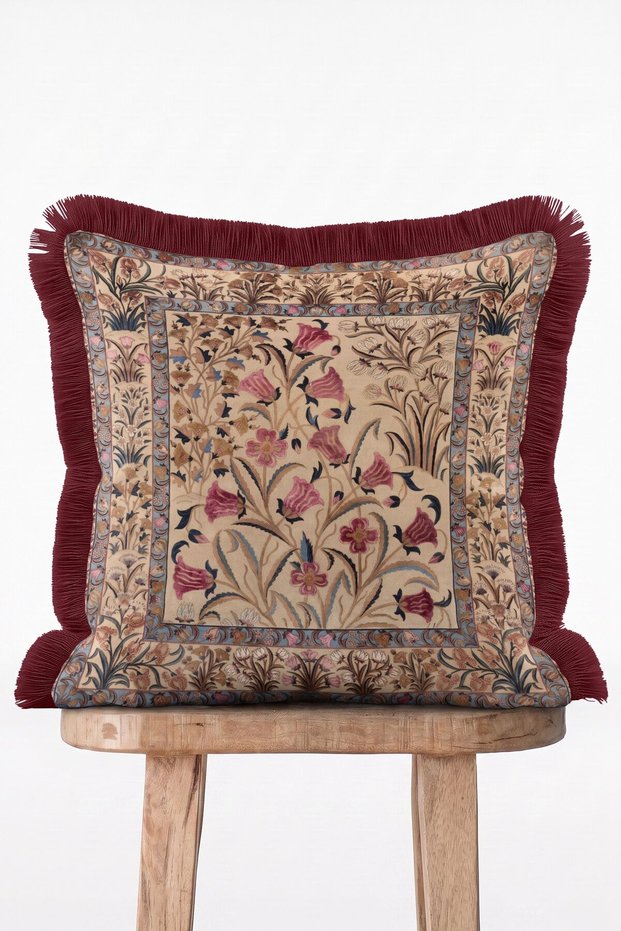 Vintage Botanical Floral Pattern Ethnic Border Decorative Fringed Throw Pillow Cover