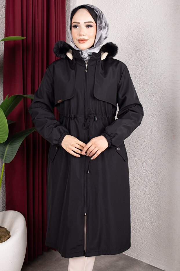 Detachable Hooded Fur and Welsoft Lined Front Allerli Hijab Coat 110cm - Black
