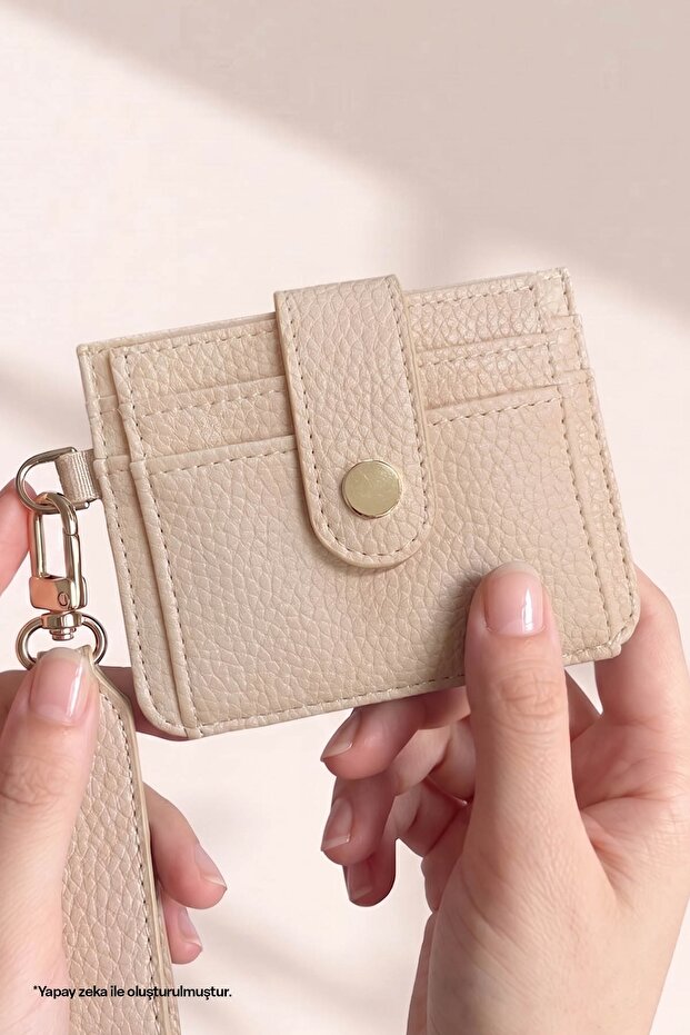 Cream Card Holder with Keychain Detail