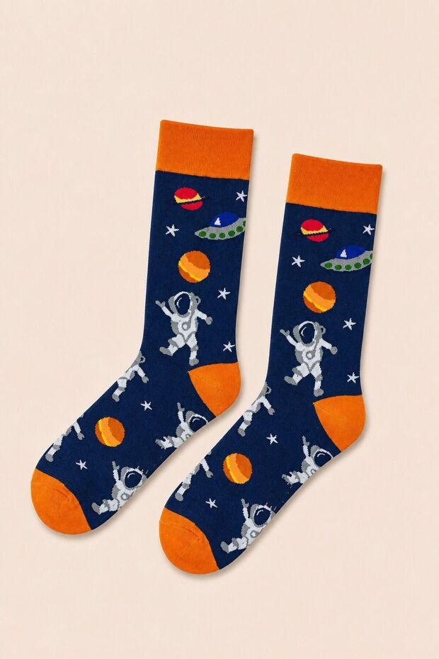 Space Astronaut Patterned Socks – Navy Blue Orange Unisex