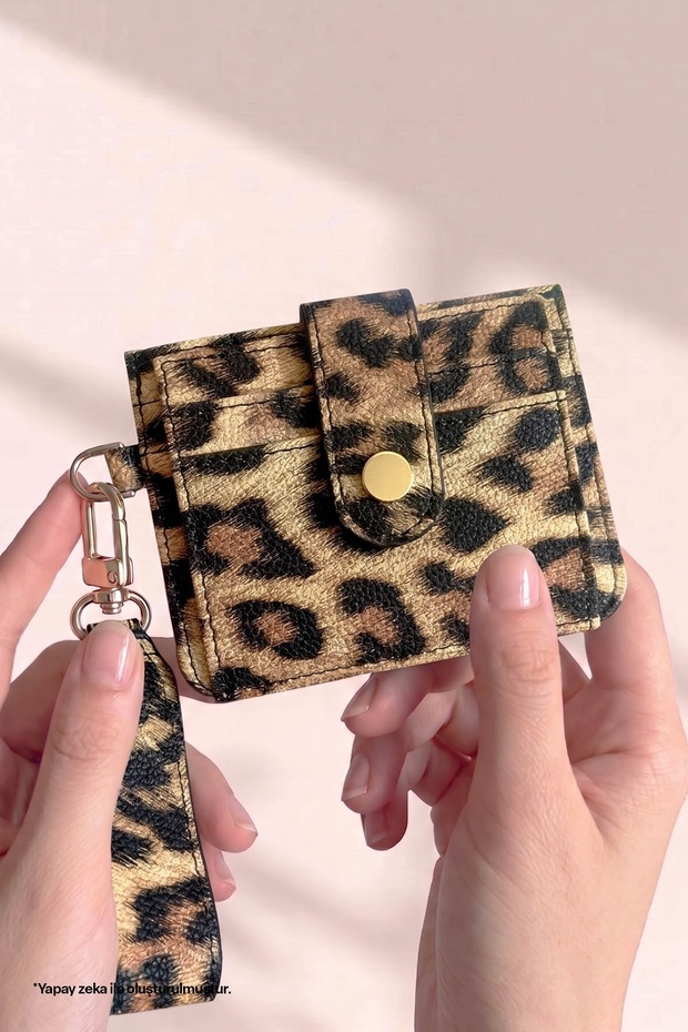Leopard Patterned Tan Card Holder with Keychain Detail