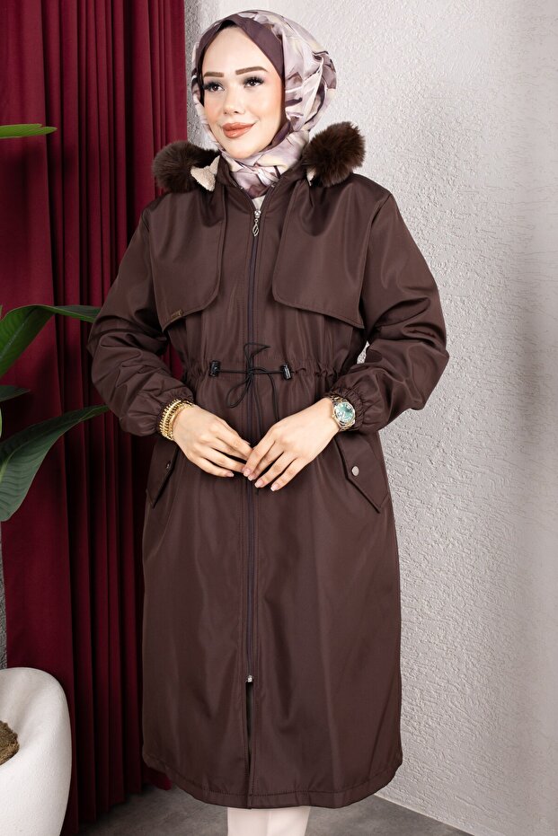 Detachable Hooded Fur and Welsoft Lined Front Allerli Hijab Coat 110cm - Brown