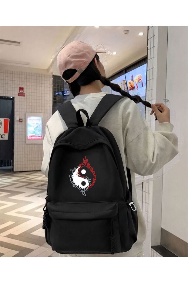 Black Yin Yang Dragon-Flame Printed School, Office, Course Backpack