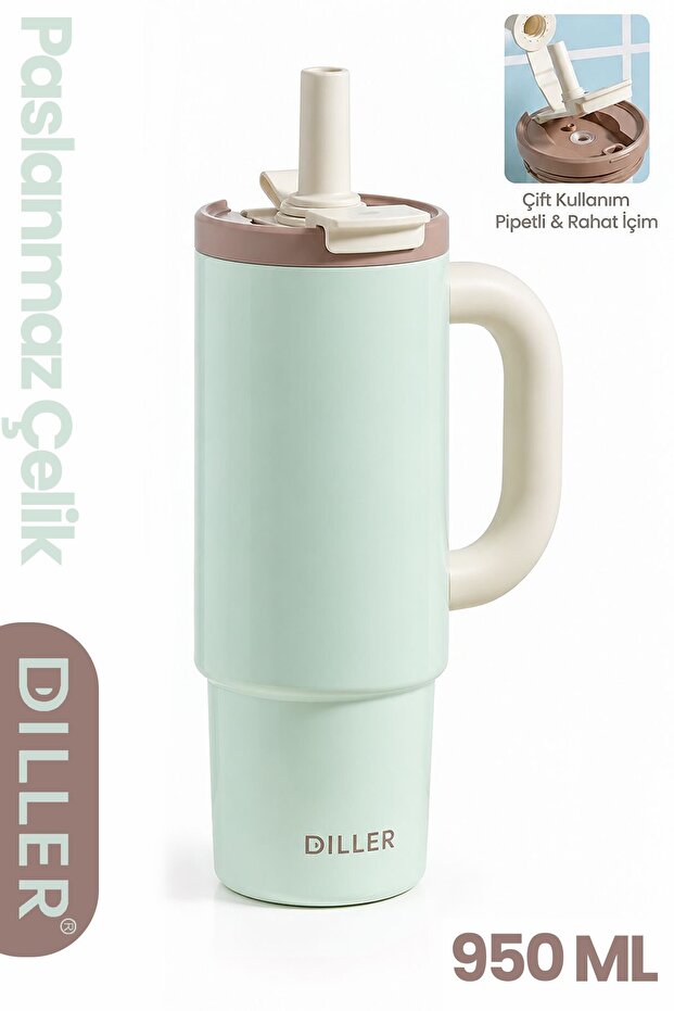 Diller Tumbler 950 ml Single Lid Dual Use Straw Comfortable Drinking Handle Stainless Steel Thermos F9511