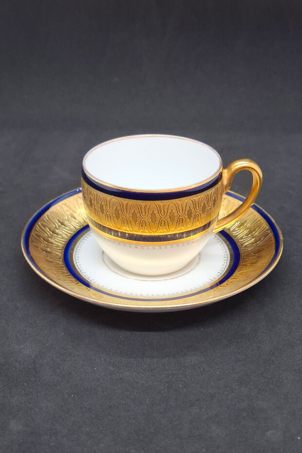 Tirschenreuthe Dark Blue Striped Antique Coffee Cup with Gold Figures 80 ml