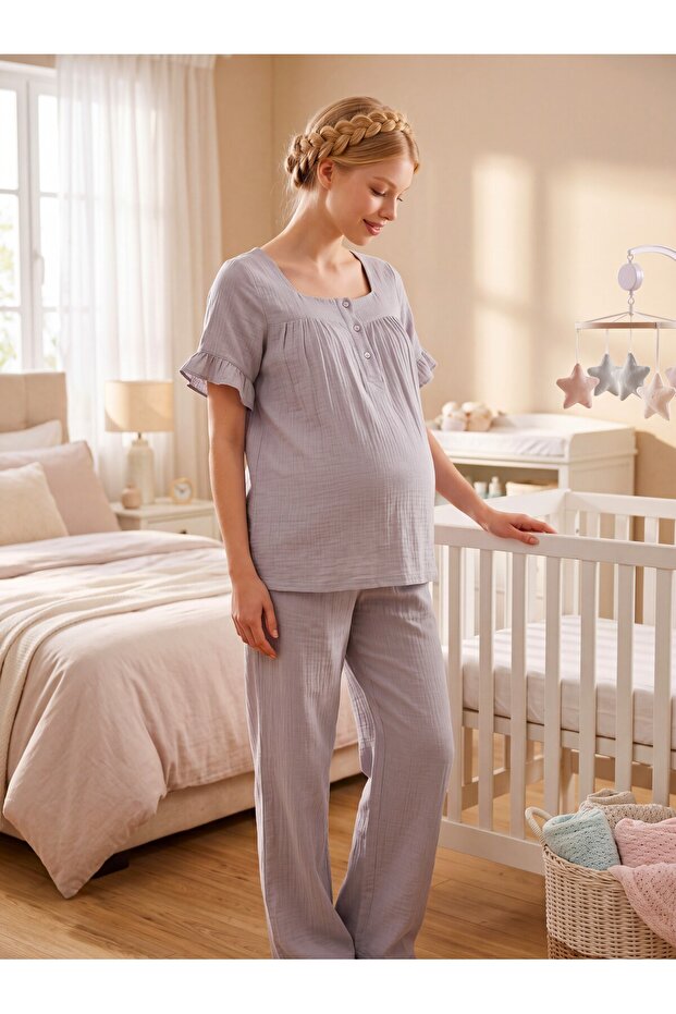 New Season Gray Muslin Fabric Breastfeeding-Friendly Design Short Sleeve 100% Cotton Maternity Pajama Set