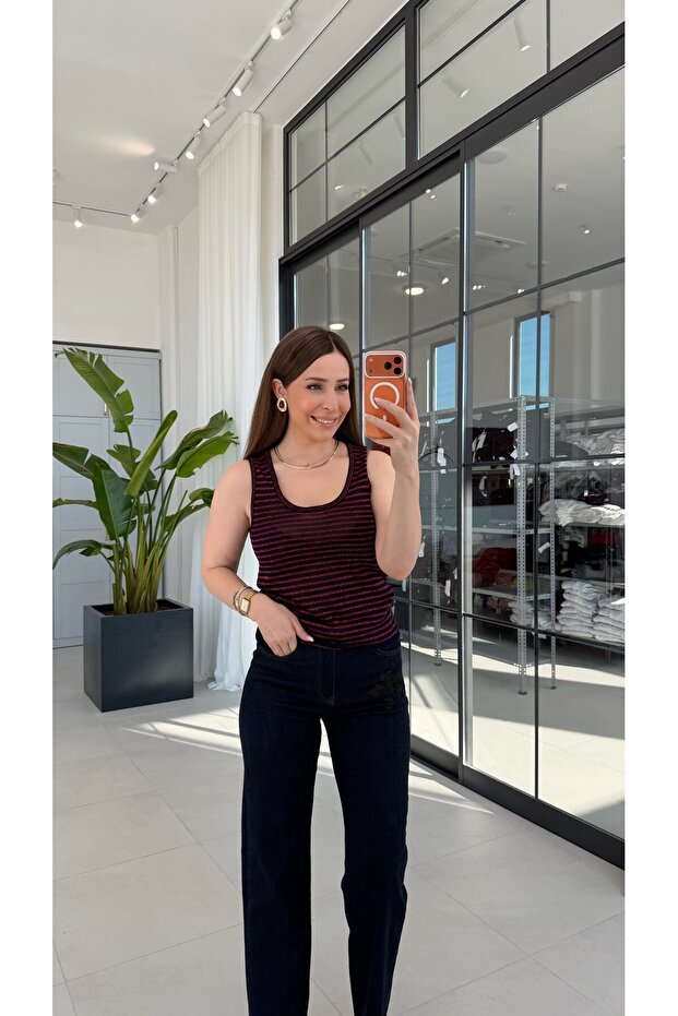 Burgundy Navy Blue Striped Athlete Blouse