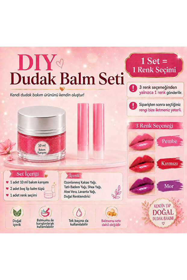 DIY Lip Balm Making Kit – 10 ml Natural Care Mix + 2 Lip Balm Tubes – 1 Color Choice
