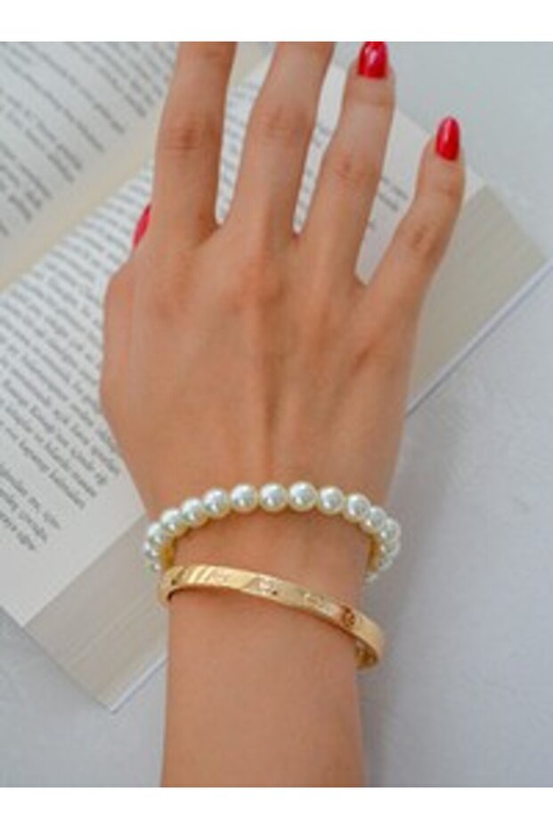 Double Bracelet Set with Crystals - Gold Color -